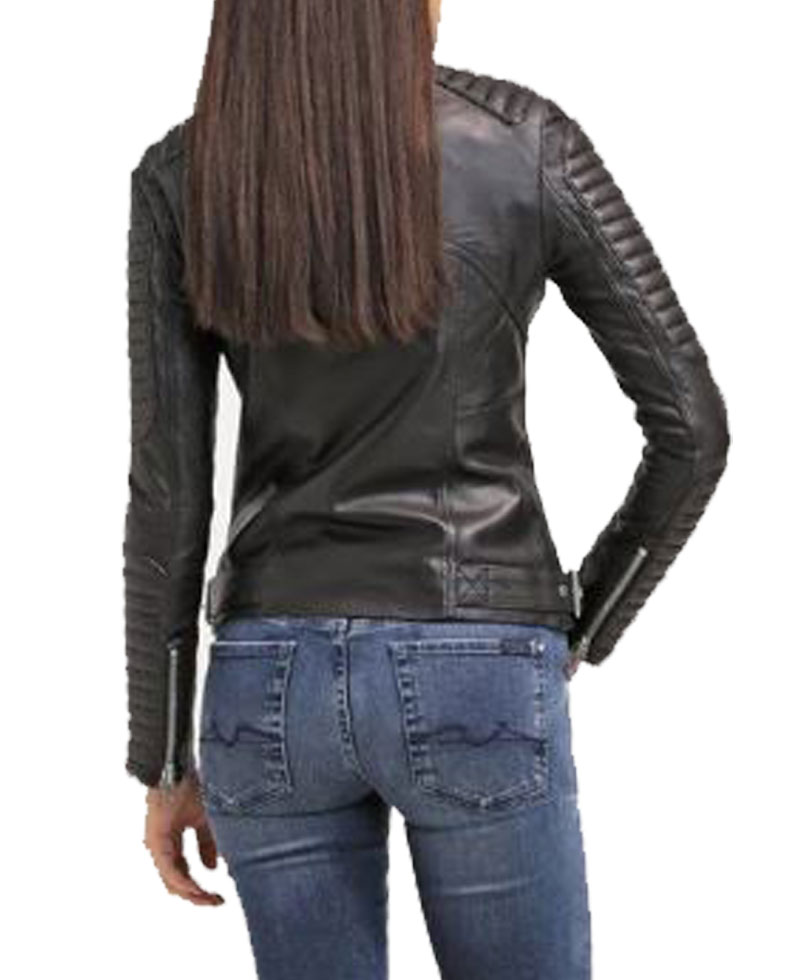 Women's FJ045 Biker Snap Tab Collar Padded Black Leather Jacket Women's FJ045 Biker Snap Tab Collar Padded Black Leather Jacket - Image 7