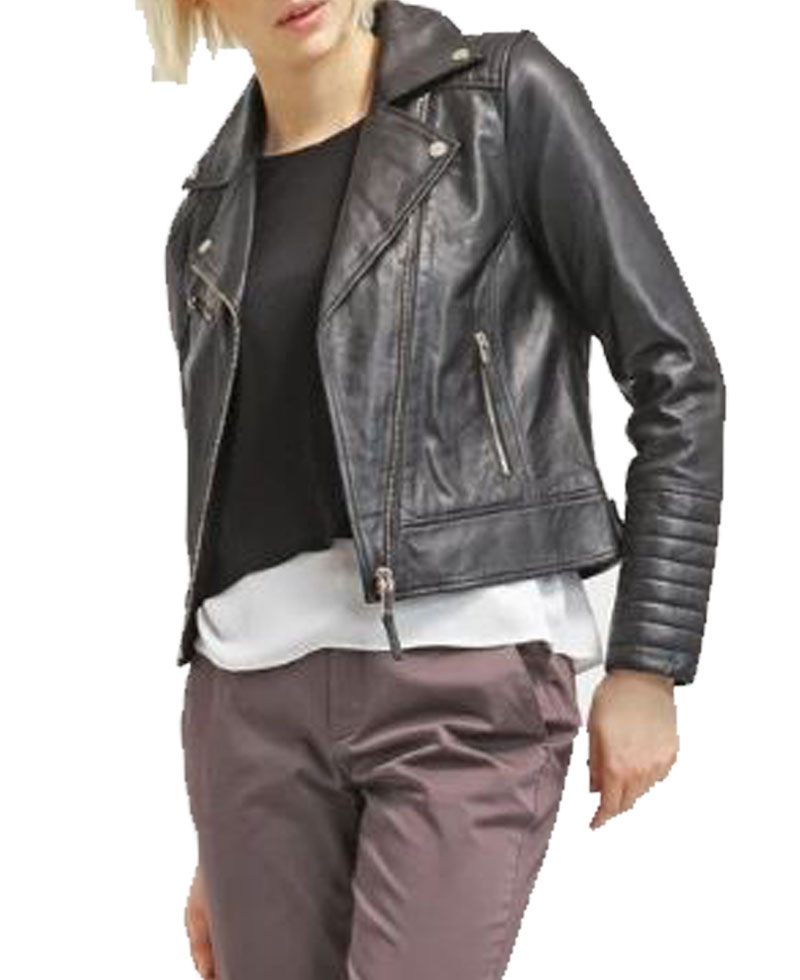 Women's FJ046 Biker Asymmetrical Padded Style Black Leather Jacket Women's FJ046 Biker Asymmetrical Padded Style Black Leather Jacket - Image 6