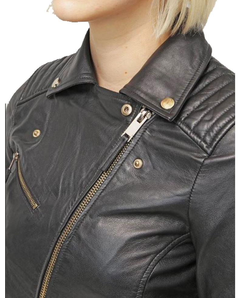 Women's FJ046 Biker Asymmetrical Padded Style Black Leather Jacket Women's FJ046 Biker Asymmetrical Padded Style Black Leather Jacket - Image 4
