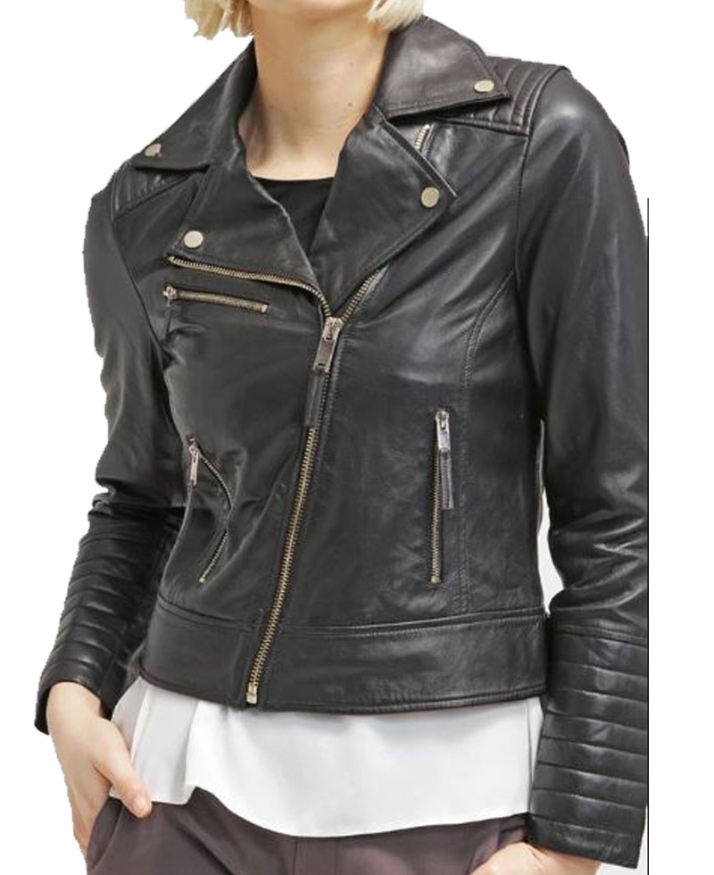 Women's FJ046 Biker Asymmetrical Padded Style Black Leather Jacket Women's FJ046 Biker Asymmetrical Padded Style Black Leather Jacket - Image 2