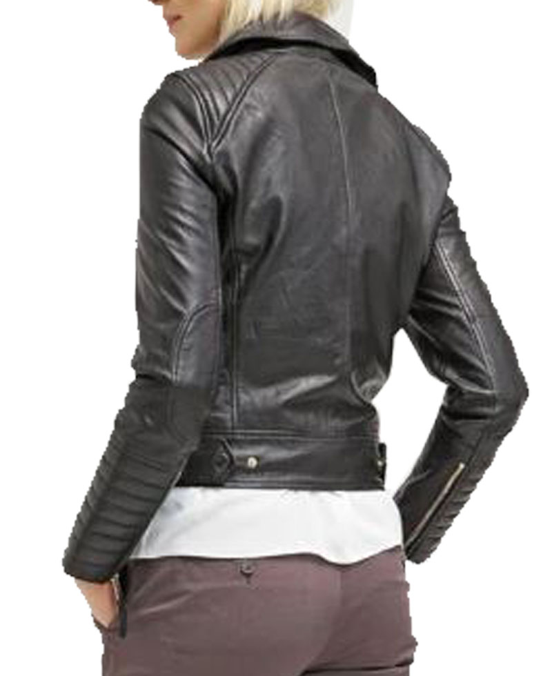 Women's FJ046 Biker Asymmetrical Padded Style Black Leather Jacket Women's FJ046 Biker Asymmetrical Padded Style Black Leather Jacket - Image 5
