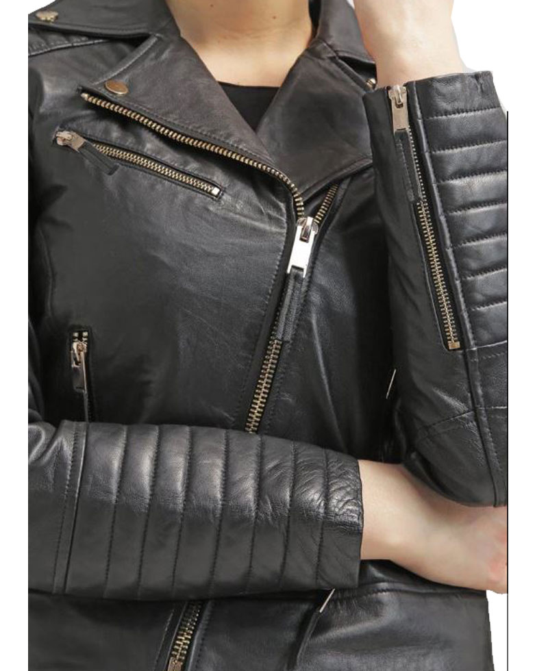 Women's FJ046 Biker Asymmetrical Padded Style Black Leather Jacket Women's FJ046 Biker Asymmetrical Padded Style Black Leather Jacket - Image 3