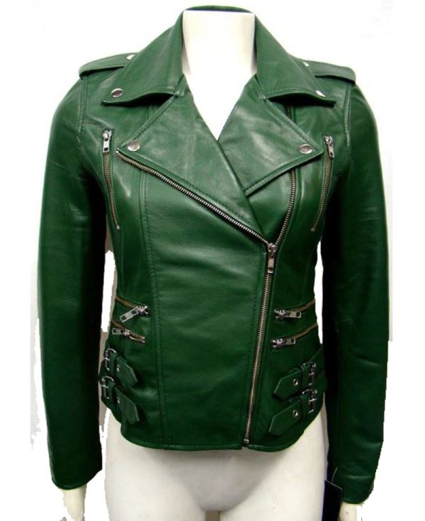 Women's FJ048 Buckle Style Asymmetrical Green Motorcycle Leather Jacket