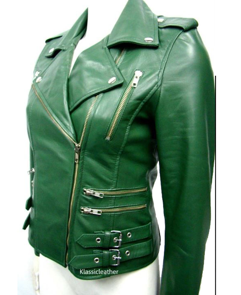 Women's FJ048 Buckle Style Asymmetrical Green Motorcycle Leather Jacket Women's FJ048 Buckle Style Asymmetrical Green Motorcycle Leather Jacket - Image 3