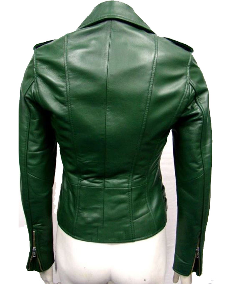 Women's FJ048 Buckle Style Asymmetrical Green Motorcycle Leather Jacket Women's FJ048 Buckle Style Asymmetrical Green Motorcycle Leather Jacket - Image 2