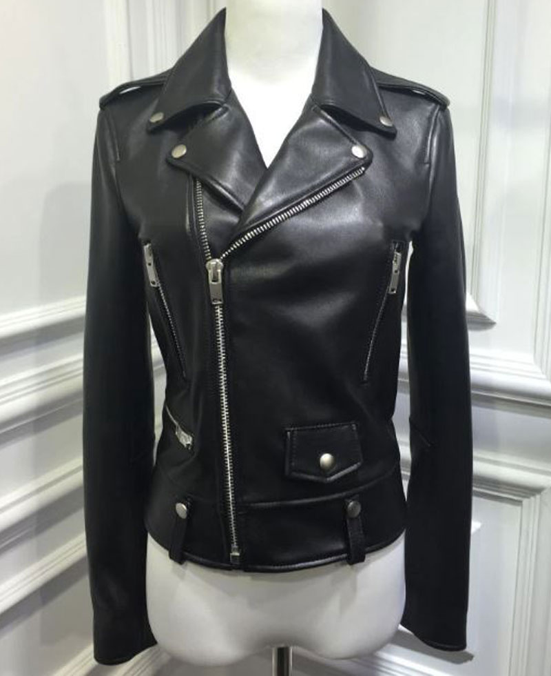 Women's FJ049 Motorcycle Asymmetrical Sheepskin Black Leather Jacket Women's FJ049 Motorcycle Asymmetrical Sheepskin Black Leather Jacket - Image 3