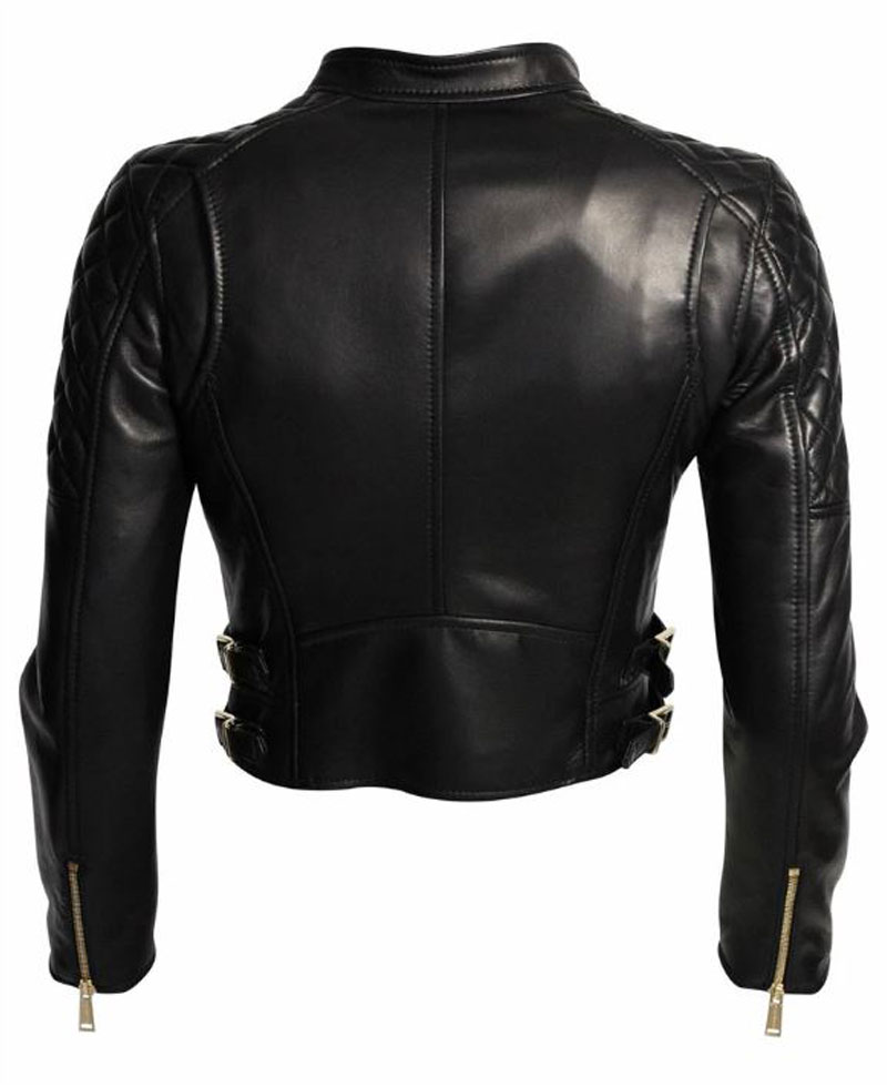 Womens FJ052 Asymmetrical Zipper Biker Quilted Black Leather Jacket Womens FJ052 Asymmetrical Zipper Biker Quilted Black Leather Jacket - Image 2