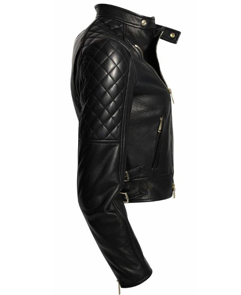 Womens FJ052 Asymmetrical Zipper Biker Quilted Black Leather Jacket Womens FJ052 Asymmetrical Zipper Biker Quilted Black Leather Jacket - Image 3