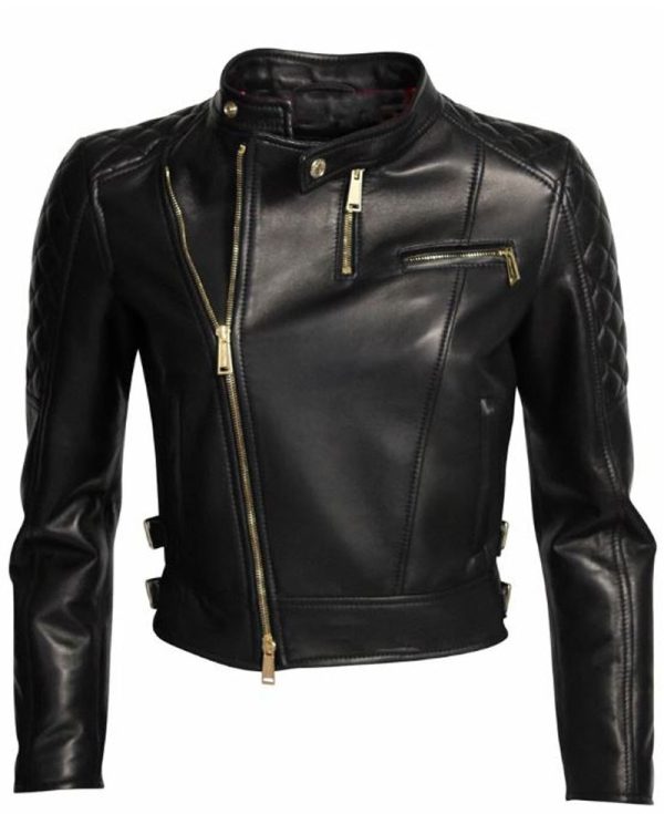 Womens FJ052 Asymmetrical Zipper Biker Quilted Black Leather Jacket
