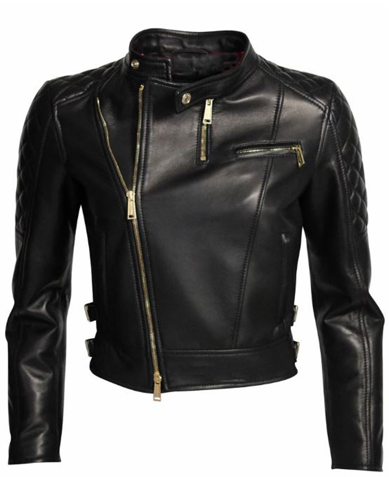 Womens FJ052 Asymmetrical Zipper Biker Quilted Black Leather Jacket