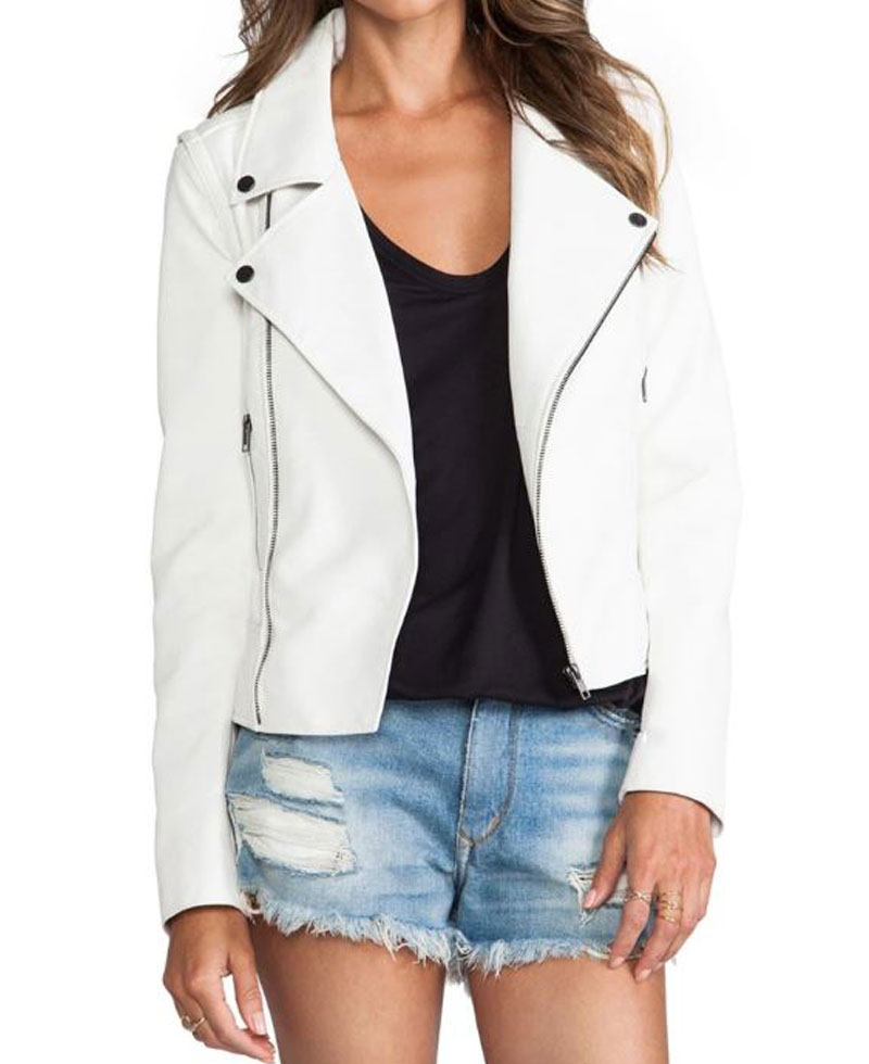 Women's FJ053 Asymmetrical White Motorcycle Leather Jacket