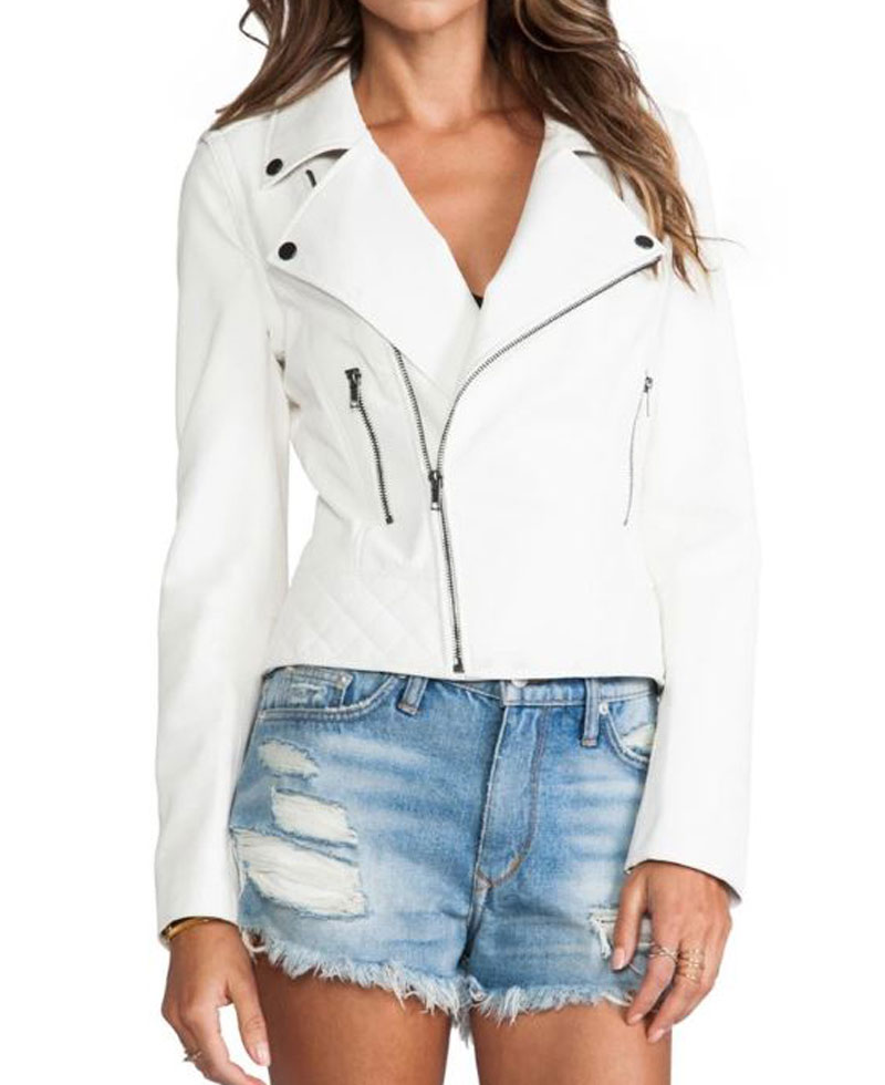 Women's FJ053 Asymmetrical White Motorcycle Leather Jacket Women's FJ053 Asymmetrical White Motorcycle Leather Jacket - Image 2