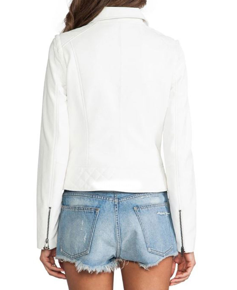 Women's FJ053 Asymmetrical White Motorcycle Leather Jacket Women's FJ053 Asymmetrical White Motorcycle Leather Jacket - Image 3
