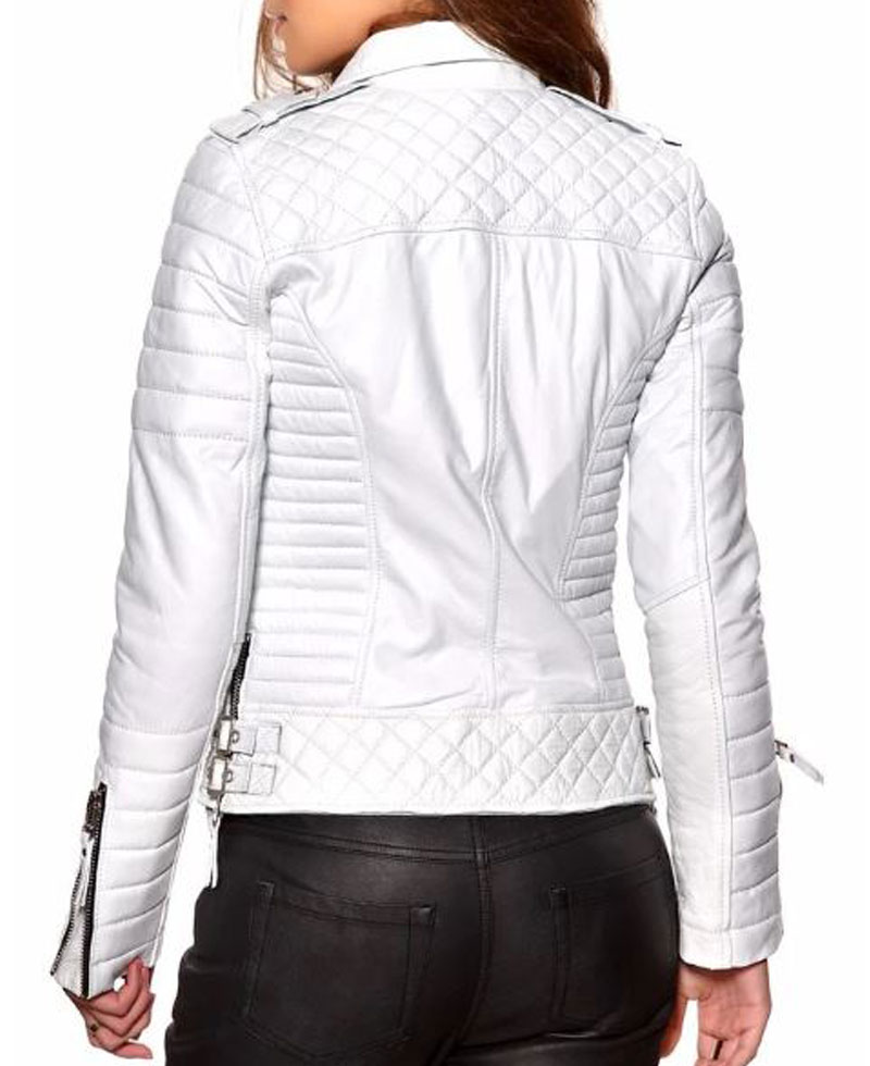 Women's FJ060 Quilted and Padded Motorcycle White Leather Jacket Women's FJ060 Quilted and Padded Motorcycle White Leather Jacket - Image 3