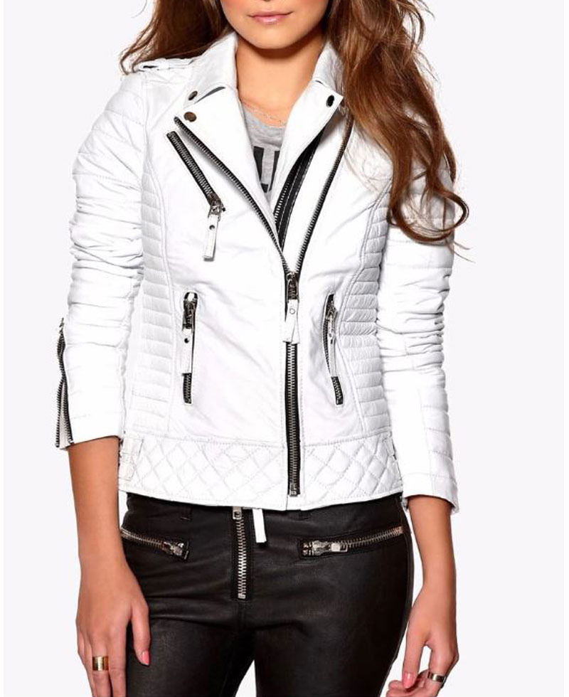 Women's FJ060 Quilted and Padded Motorcycle White Leather Jacket Women's FJ060 Quilted and Padded Motorcycle White Leather Jacket - Image 2