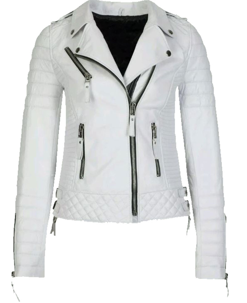 Women's FJ060 Quilted and Padded Motorcycle White Leather Jacket Women's FJ060 Quilted and Padded Motorcycle White Leather Jacket