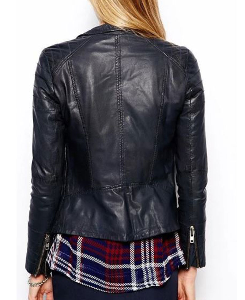 Women's FJ064 Asymmetrical Motorcycle Navy Blue Leather Jacket Women's FJ064 Asymmetrical Motorcycle Navy Blue Leather Jacket - Image 3