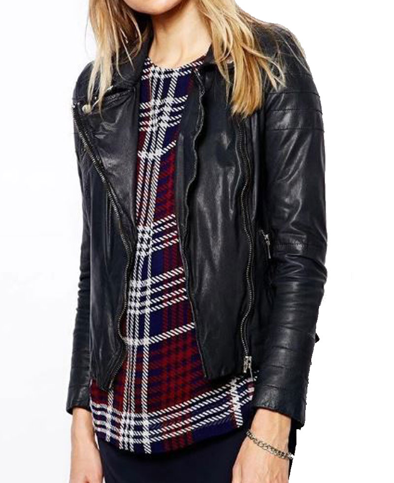 Women's FJ064 Asymmetrical Motorcycle Navy Blue Leather Jacket Women's FJ064 Asymmetrical Motorcycle Navy Blue Leather Jacket - Image 2