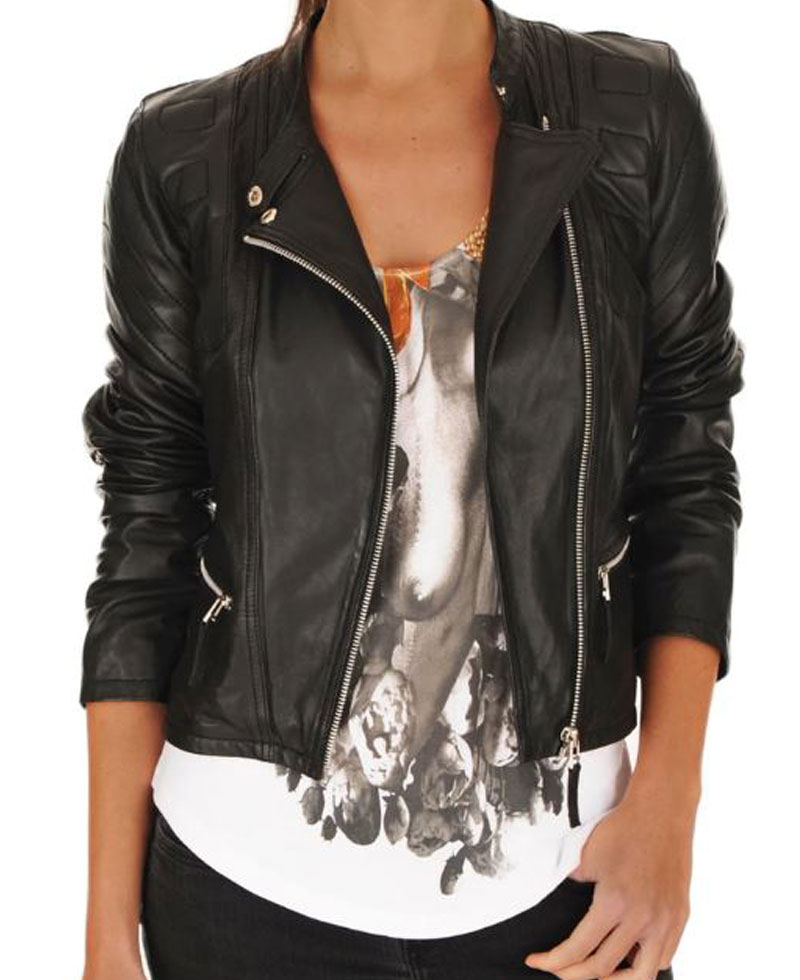 Women's FJ072 Designer Asymmetrical Motorcycle Black Leather Jacket