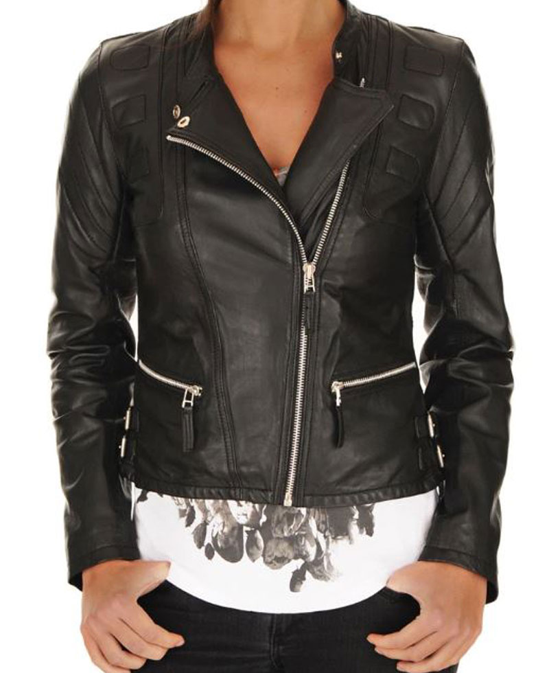 Women's FJ072 Designer Asymmetrical Motorcycle Black Leather Jacket Women's FJ072 Designer Asymmetrical Motorcycle Black Leather Jacket - Image 2