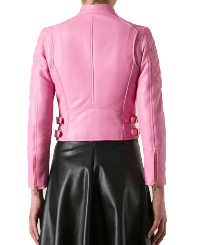 Women's FJ076 Biker Quilted Asymmetrical Pink Leather Jacket Women's FJ076 Biker Quilted Asymmetrical Pink Leather Jacket - Image 4