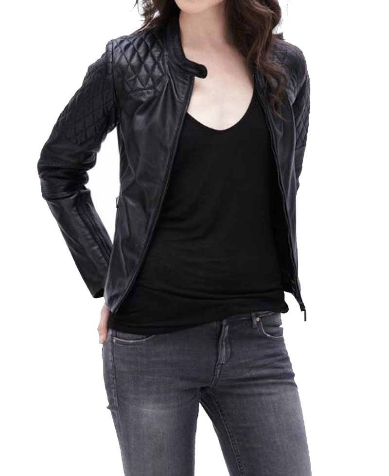 Women's FJ078 Quilted Black Leather Motorcycle Jacket