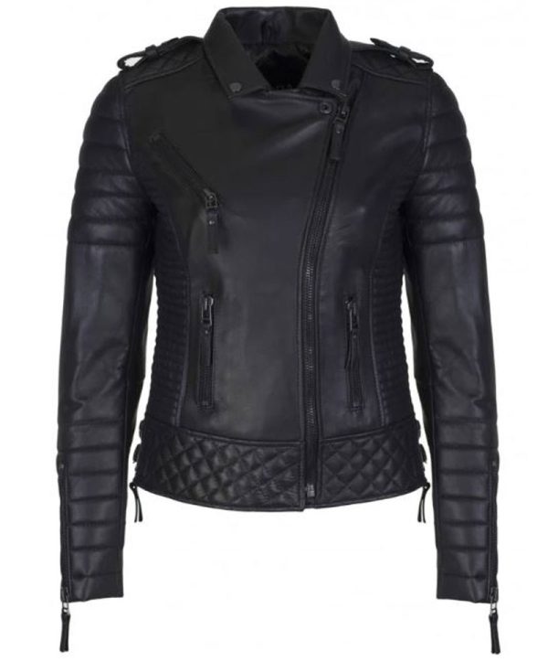 Women's FJ085 Quilted and Padded Black Leather Motorcycle Jacket