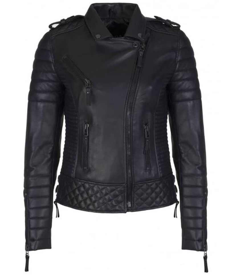 Women's FJ085 Quilted and Padded Black Leather Motorcycle Jacket Women's FJ085 Quilted and Padded Black Leather Motorcycle Jacket