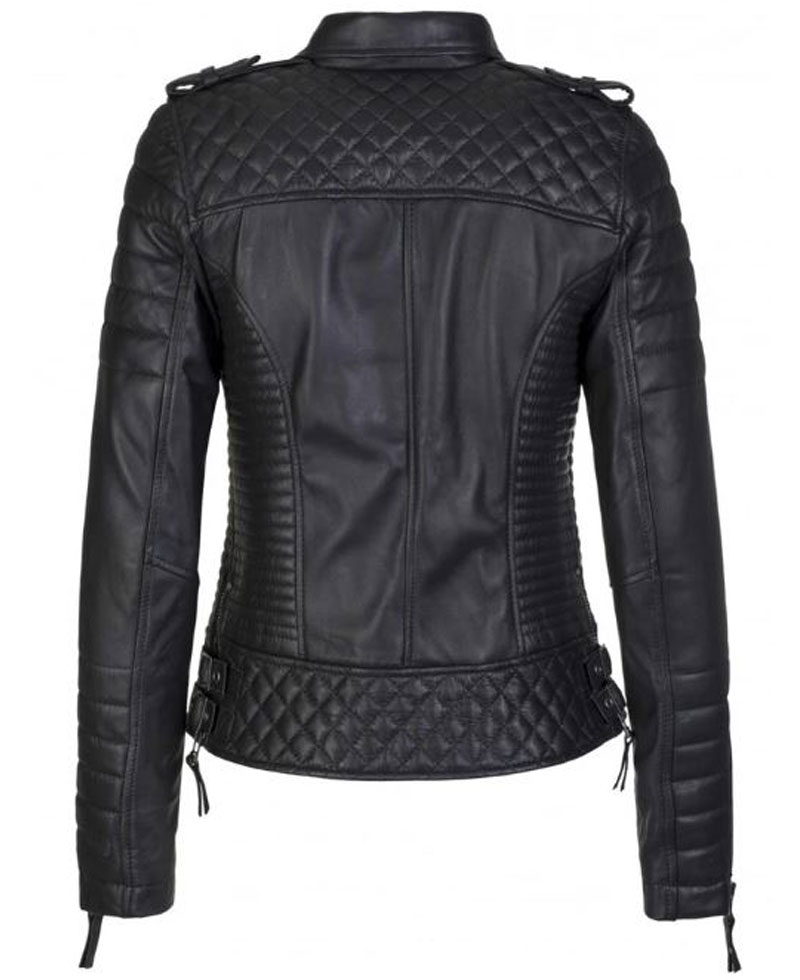 Women's FJ085 Quilted and Padded Black Leather Motorcycle Jacket Women's FJ085 Quilted and Padded Black Leather Motorcycle Jacket - Image 3