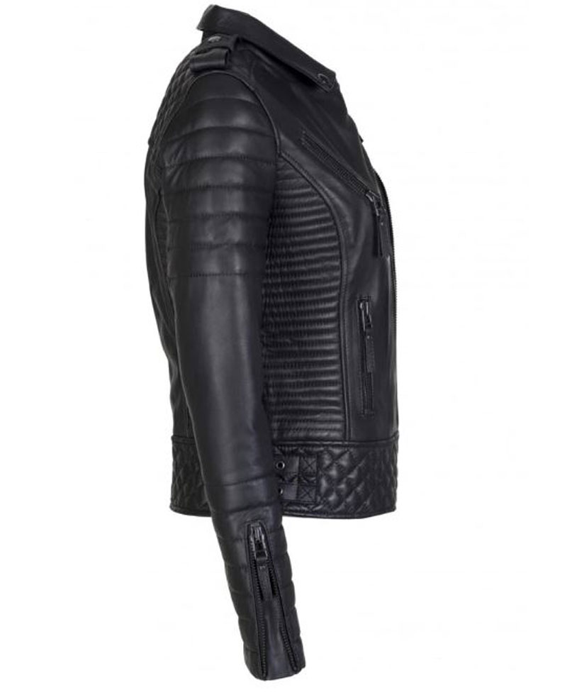 Women's FJ085 Quilted and Padded Black Leather Motorcycle Jacket Women's FJ085 Quilted and Padded Black Leather Motorcycle Jacket - Image 2