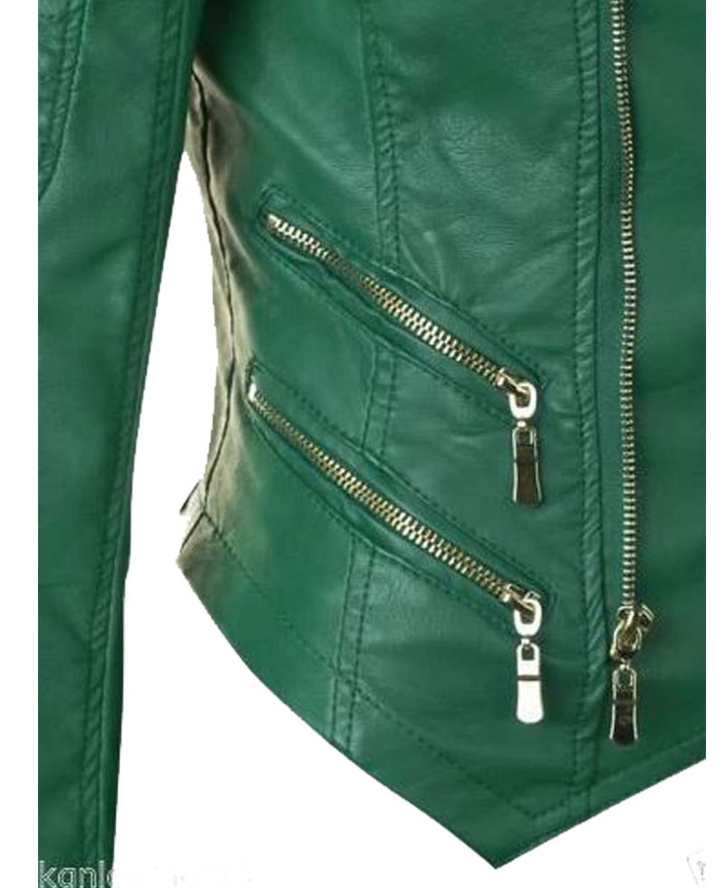 Women's FJ091 Motorcycle Zipper Pockets Green Leather Jacket Women's FJ091 Motorcycle Zipper Pockets Green Leather Jacket - Image 2