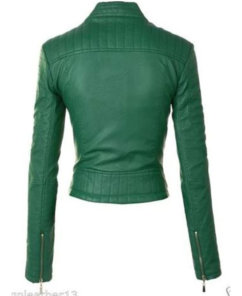 Women's FJ091 Motorcycle Zipper Pockets Green Leather Jacket Women's FJ091 Motorcycle Zipper Pockets Green Leather Jacket - Image 4