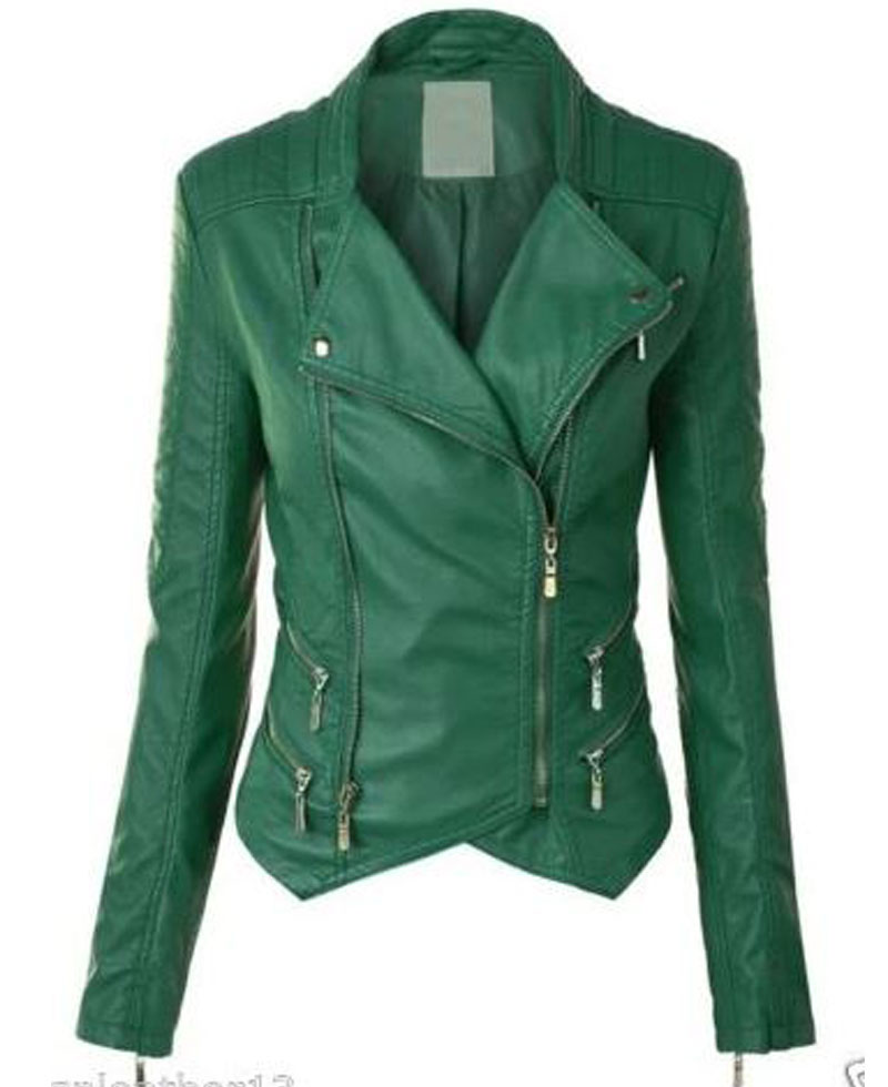 Women's FJ091 Motorcycle Zipper Pockets Green Leather Jacket