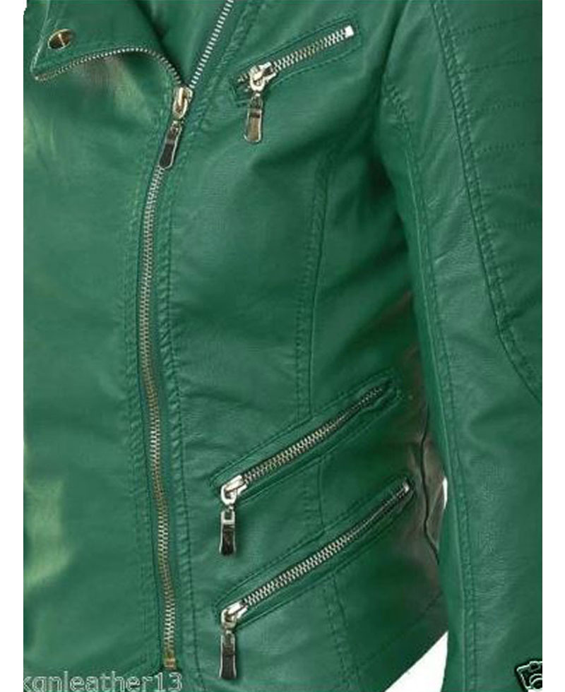 Women's FJ091 Motorcycle Zipper Pockets Green Leather Jacket Women's FJ091 Motorcycle Zipper Pockets Green Leather Jacket - Image 3