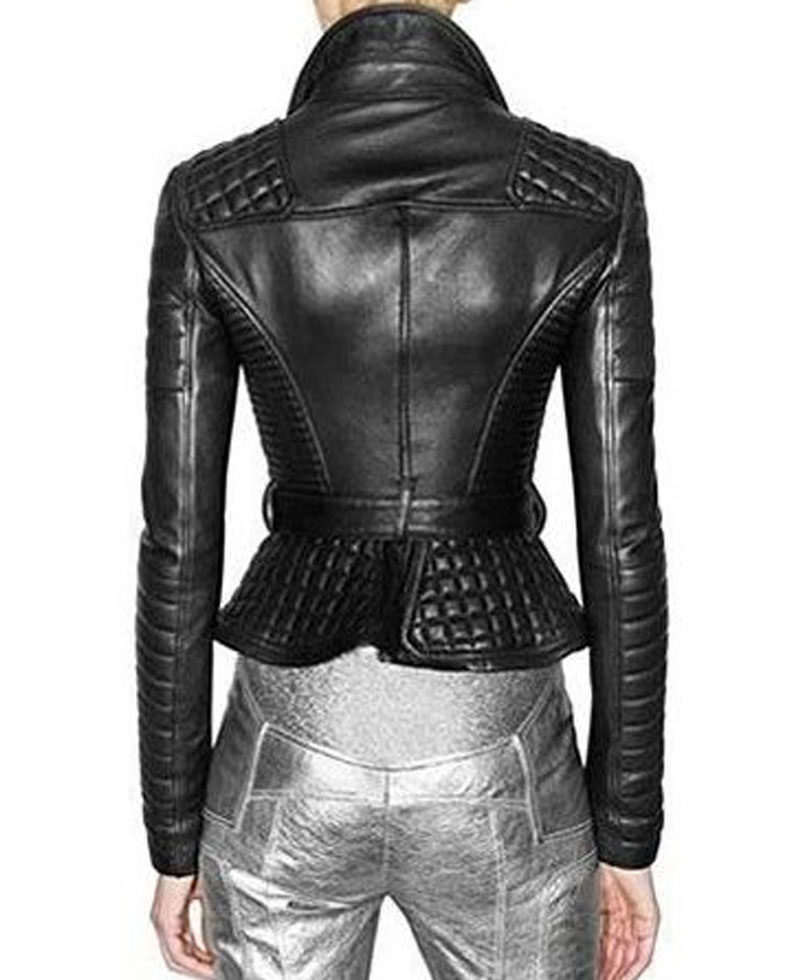 Women's FJ093 Biker Padded Belted Black Leather Jacket Women's FJ093 Biker Padded Belted Black Leather Jacket - Image 3