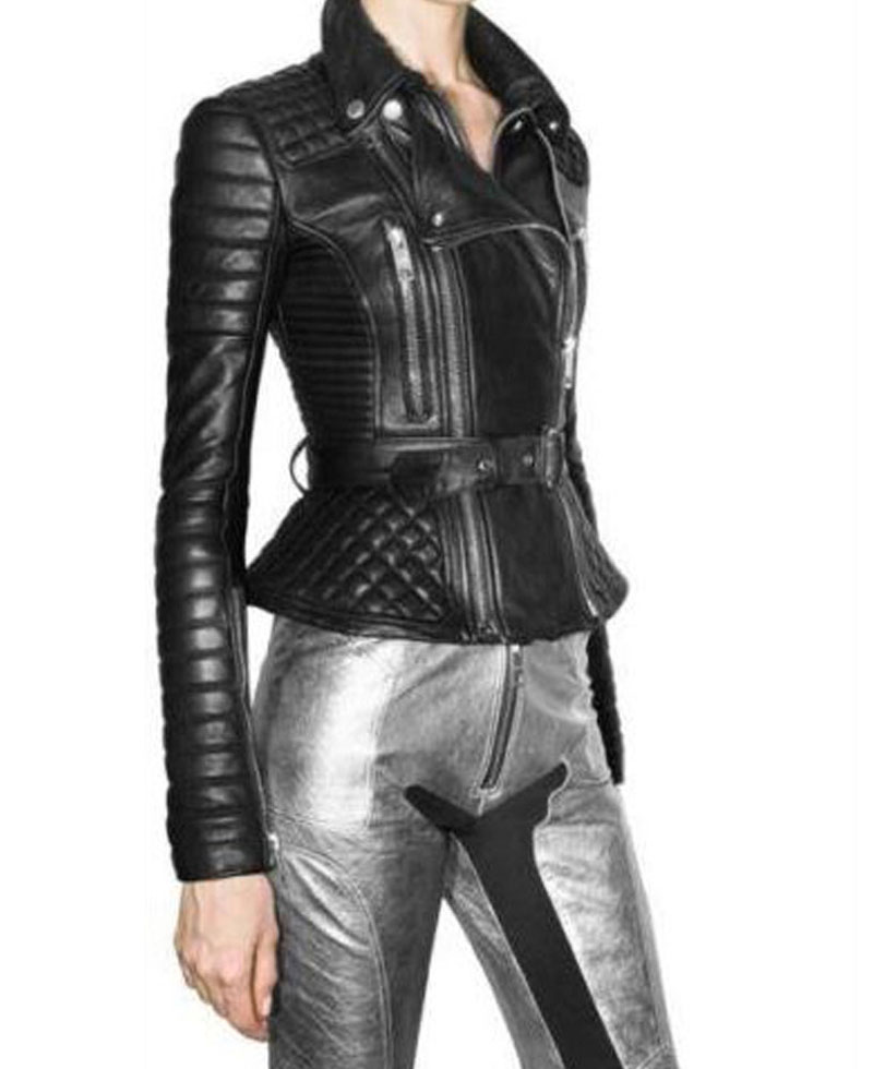 Women's FJ093 Biker Padded Belted Black Leather Jacket Women's FJ093 Biker Padded Belted Black Leather Jacket - Image 2