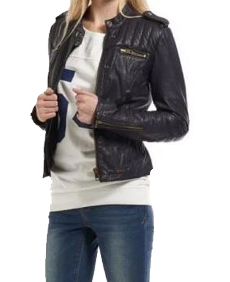 Women's FJ094 Zipper Pockets Cropped Biker Black Leather Jacket Women's FJ094 Zipper Pockets Cropped Biker Black Leather Jacket - Image 2