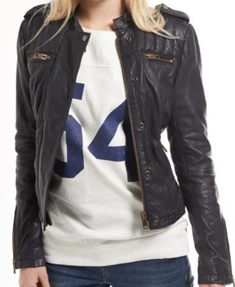 Women's FJ094 Zipper Pockets Cropped Biker Black Leather Jacket