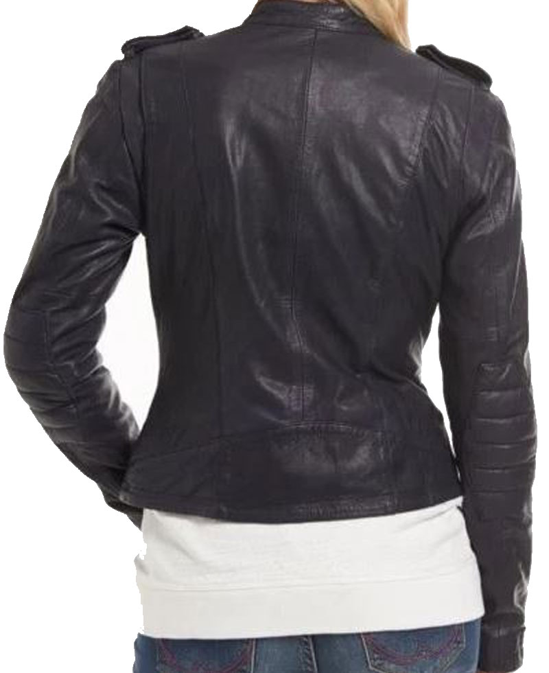 Women's FJ094 Zipper Pockets Cropped Biker Black Leather Jacket Women's FJ094 Zipper Pockets Cropped Biker Black Leather Jacket - Image 3