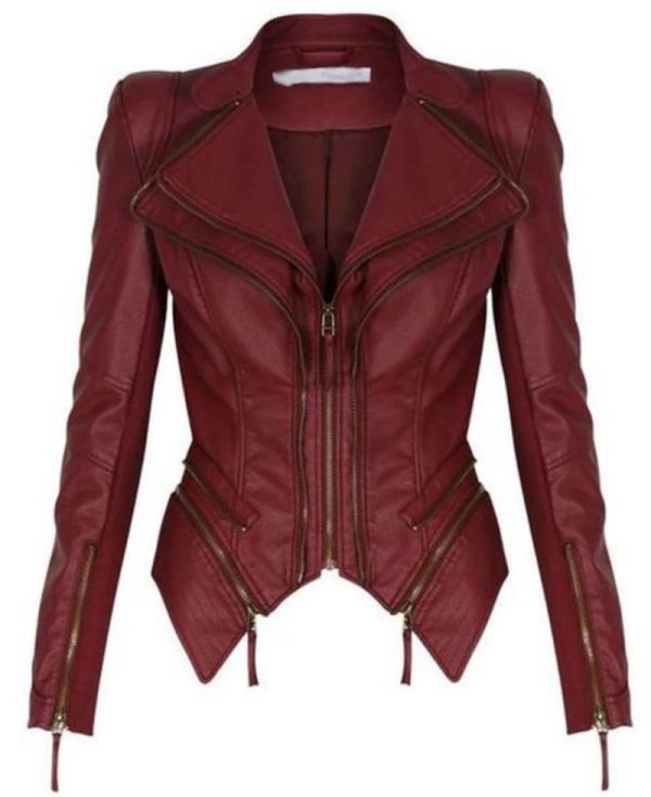 Women's FJ348 Tuxedo Motorcycle Zipper Burgundy Leather Jacket
