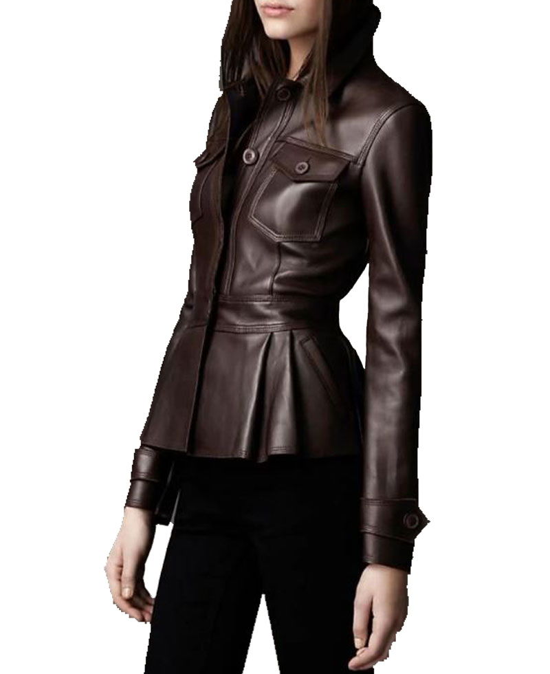 Women's FJ356 Designer Peplum Chocolate Brown Leather Jacket
