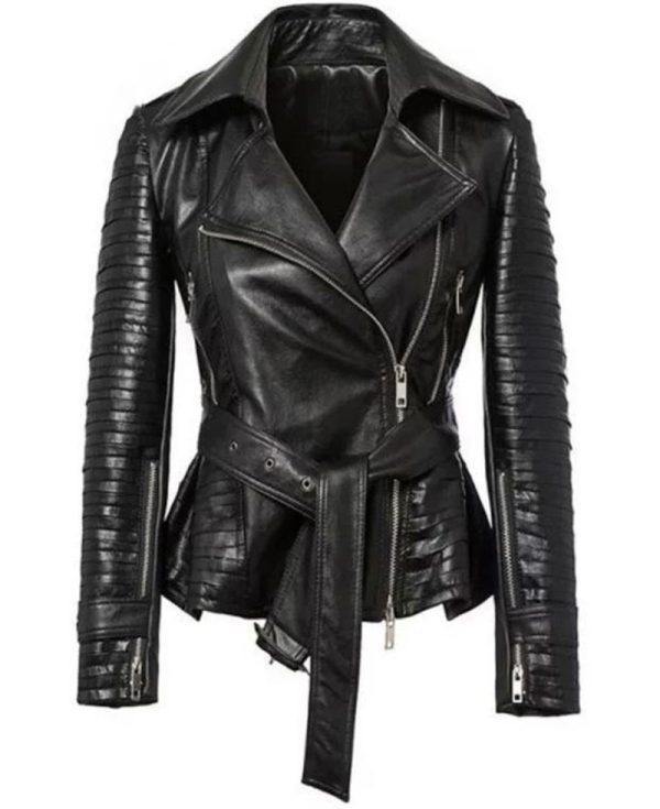 Women's FJ358 Belted Asymmetrical Zipper Black Leather Jacket
