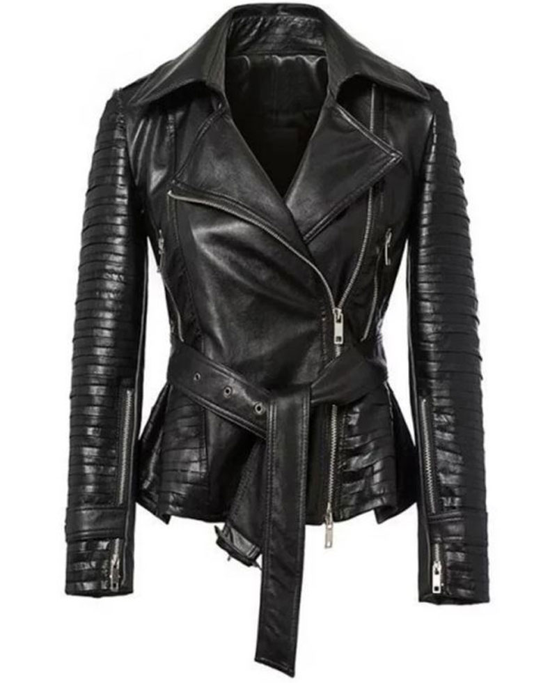 Women's FJ358 Belted Asymmetrical Zipper Black Leather Jacket Women's FJ358 Belted Asymmetrical Zipper Black Leather Jacket