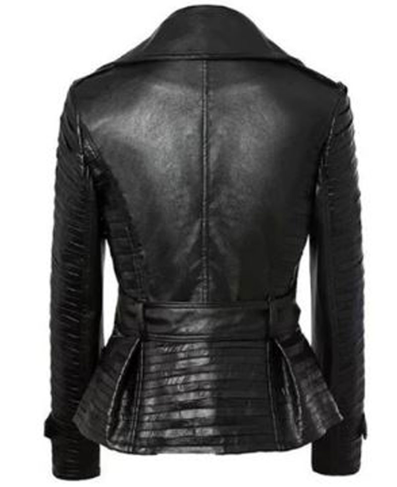 Women's FJ358 Belted Asymmetrical Zipper Black Leather Jacket Women's FJ358 Belted Asymmetrical Zipper Black Leather Jacket - Image 2