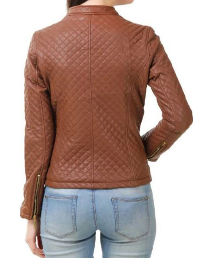 Women's FJ380 Quilted Casual Brown Leather Jacket Women's FJ380 Quilted Casual Brown Leather Jacket - Image 3