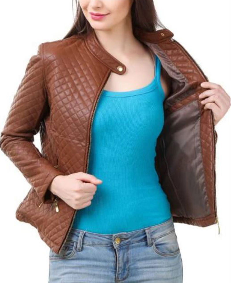 Women's FJ380 Quilted Casual Brown Leather Jacket Women's FJ380 Quilted Casual Brown Leather Jacket - Image 2