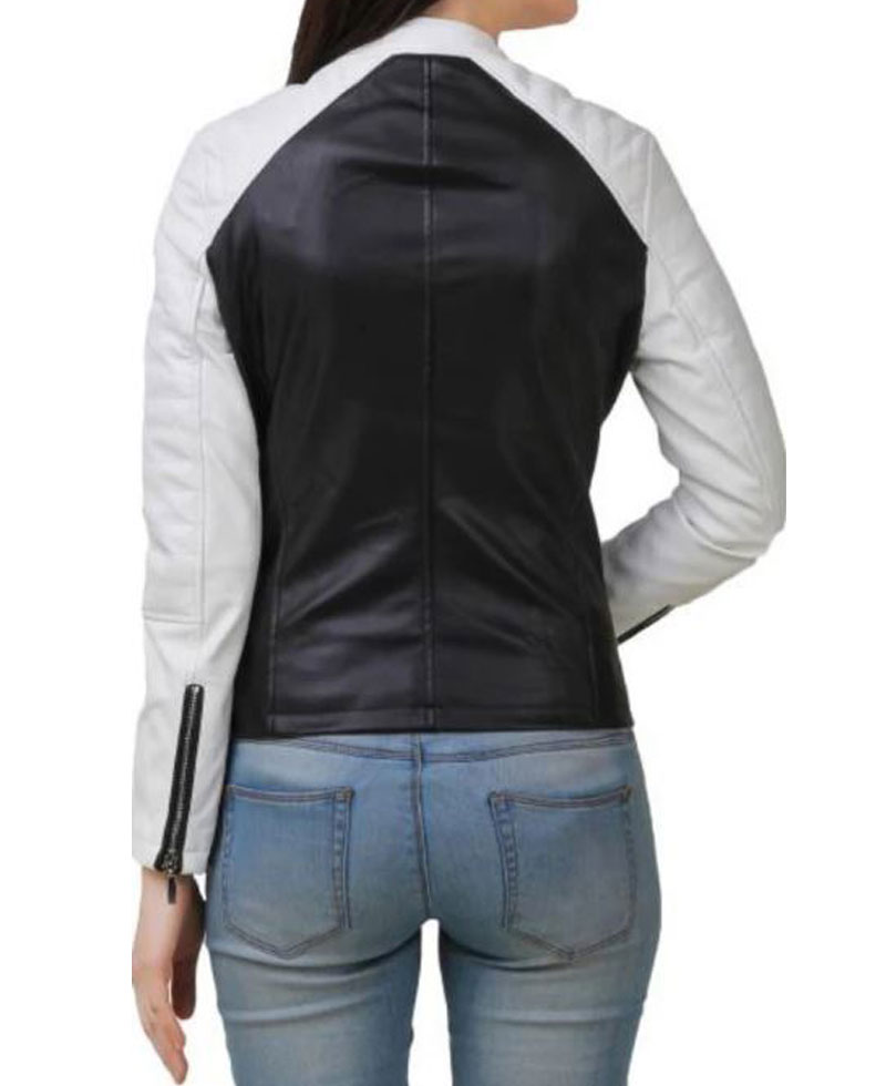 Women's FJ397 Motorcycle White and Black Leather Jacket Women's FJ397 Motorcycle White and Black Leather Jacket - Image 3