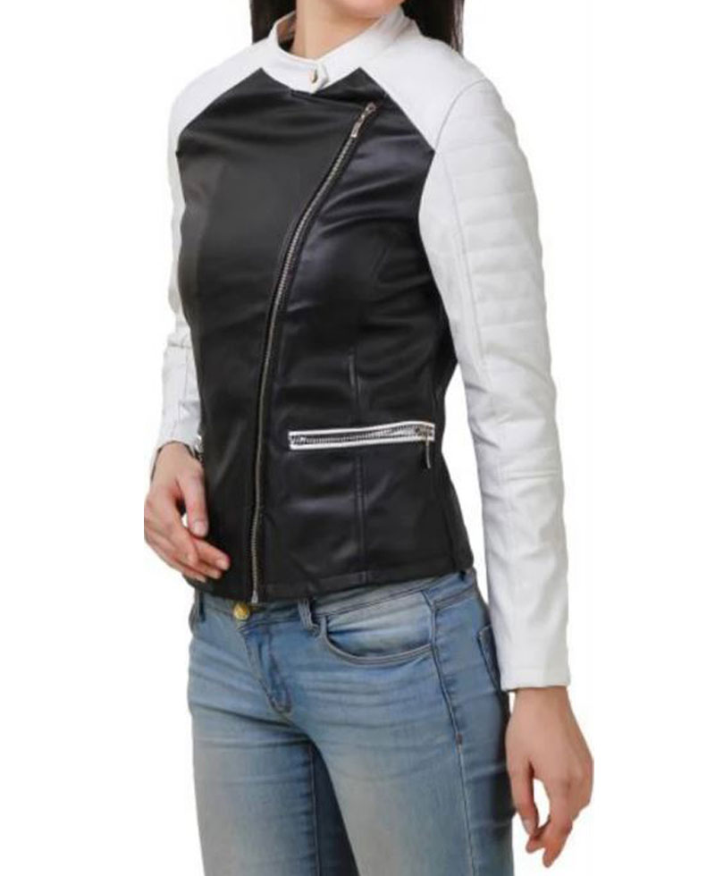Women's FJ397 Motorcycle White and Black Leather Jacket Women's FJ397 Motorcycle White and Black Leather Jacket - Image 2