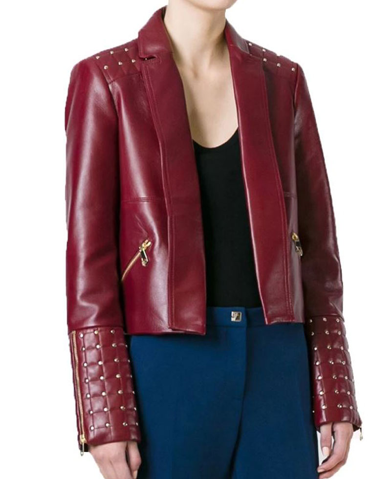 Women's FJ479 Designer Burgundy Golden Studded Leather Jacket Women's FJ479 Designer Burgundy Golden Studded Leather Jacket