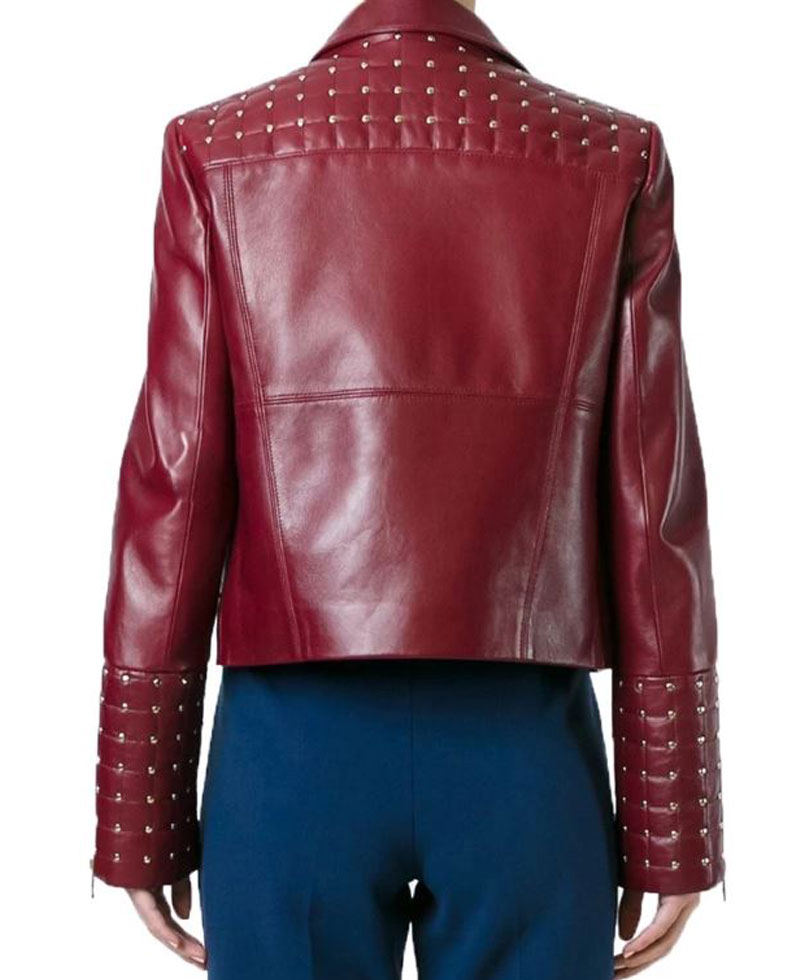 Women's FJ479 Designer Burgundy Golden Studded Leather Jacket Women's FJ479 Designer Burgundy Golden Studded Leather Jacket - Image 2